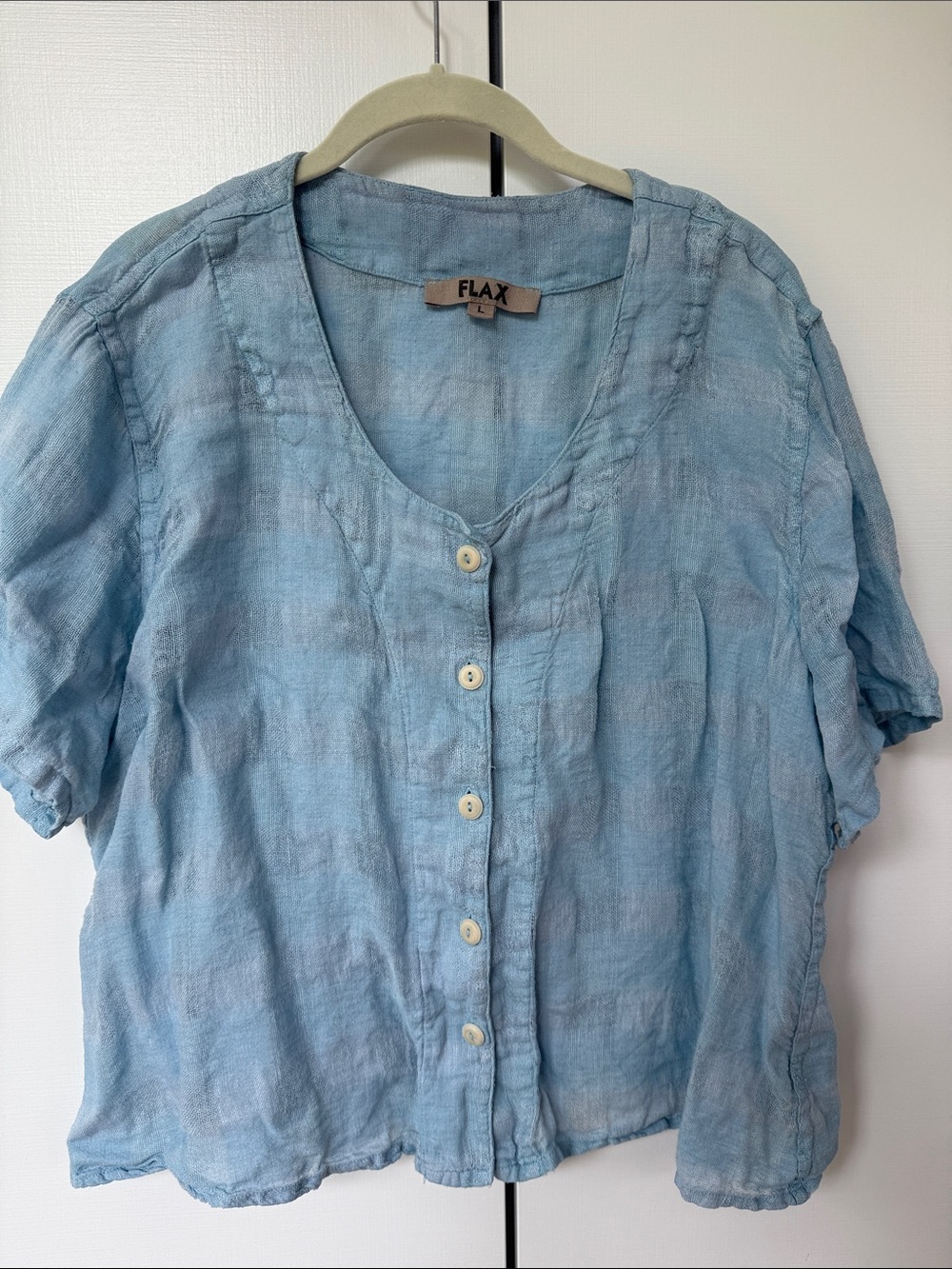 Flax Light Blue Linen Button-Front Short Sleeve Top